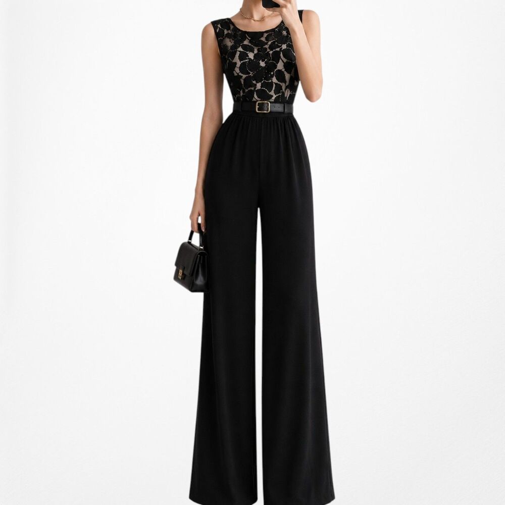 Vintage Y2K Black Lace Sequin Sleeveless Waist Tie Knit Wide Leg Jumpsuit Size M